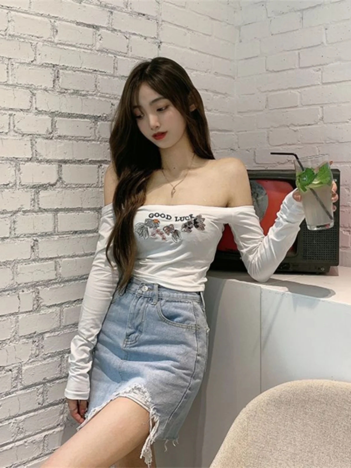 Gyaru Sle сексуальная рубашка с открытыми плечами и длинными рукавами женская