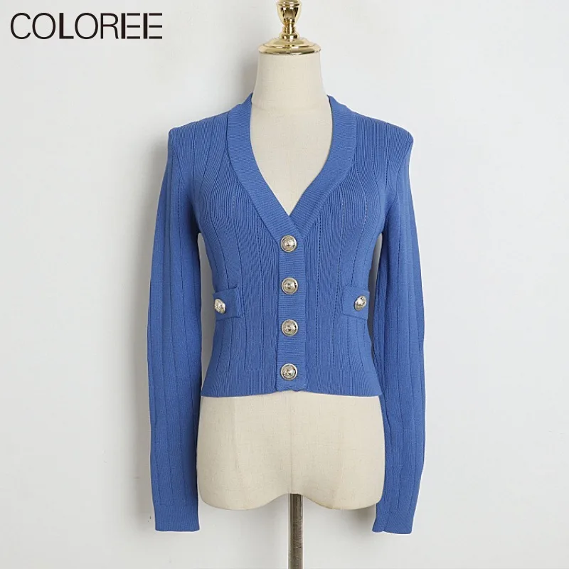 

Autumn New In Outerwears 2023 Luxury Gold Buttons V-neck Long Sleeve Top for Women Casual Knitted Sweater Mujer Korean Cardigan