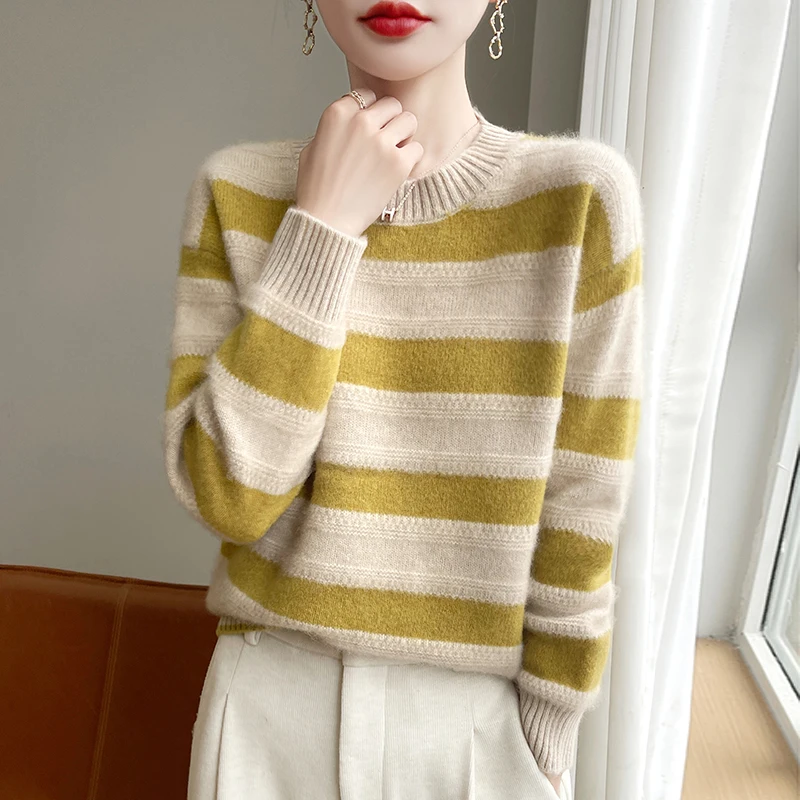 Модный универсальный женский семиконтактный горизонтальный шерстяной свитер из