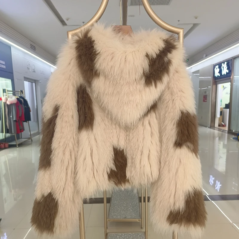 Winter Double Knitted Fox Fur Hooded Jacket real fur coat Short Women's Imported Real Fox Fur Thick Jacket Knitted Craft Jacket