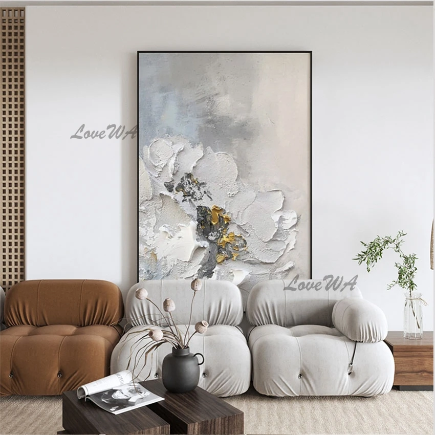 

Абстрактная художественная плотная Акриловая картина, белые цветы, ручной рисунок, холст без рамы, большая роскошная Настенная картина для декора отеля
