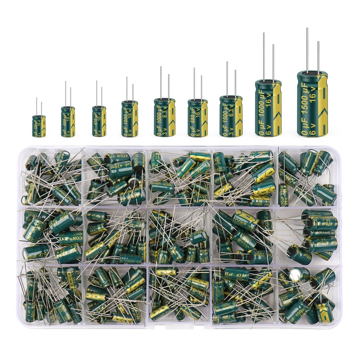 225Pcs/Box Capacitor Kit JCCON Aluminum Electrolytic Capacitors Set 15Values 16V-50V 1uF-470uF Assorted Kit Storage Low ESR