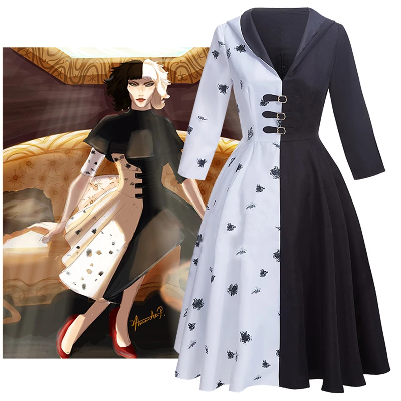 Аниме Cruella De Vil Хэллоуин Косплей Костюм Злая Королева Эмма Женщины Черно-Белая