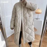 women casual winter 2022 stand up collar argyle pattern oversized down jacket chic parka new korean style