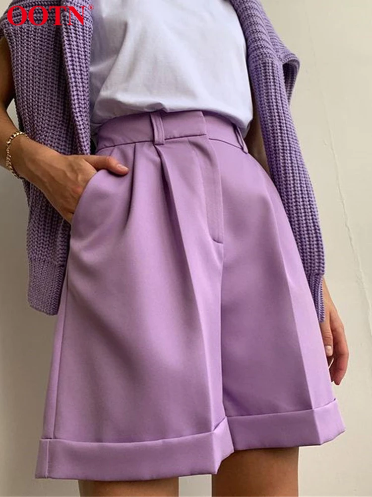 

OOTN Casual Green High Waist Shorts For Women Summer Streetwear Wide Leg Shorts Fashion Pleated Women Shorts 2022 Pockets Zipper