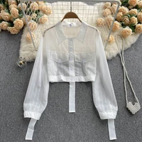 2022 autumn spring women white striped shirts loose ribbon oversized blouses female tops loose bf korean style blusas pockets