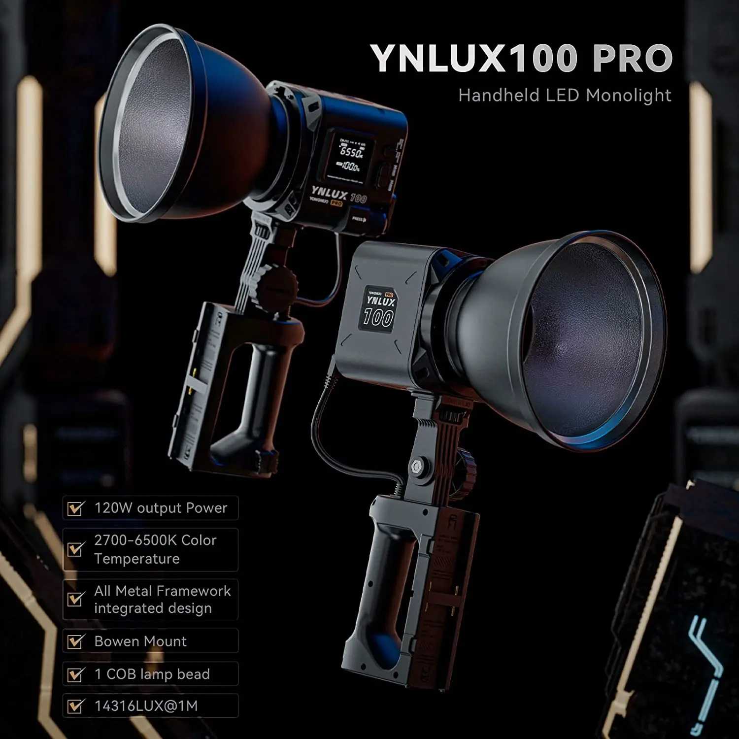 

Yongnuo YNLUX100 PRO Upgraded Constant Power 120W Bi-Color 2700-6500k led Monolight Lightweight Handheld Photography Light kit