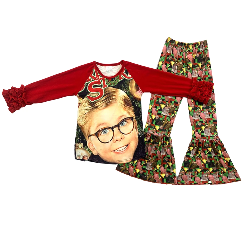 

Бутиковая Рождественская история одежда Топ с длинным рукавом Одежда для девочек штаны с колокольчиками наряды