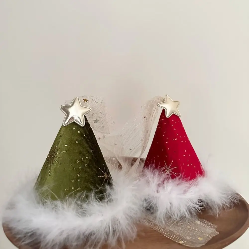 

New Red Christmas Hat Hairpin for Girls Children's Feather Ribbon Star Christmas Cap Cute Hair Clips Christmas Hair Accessories