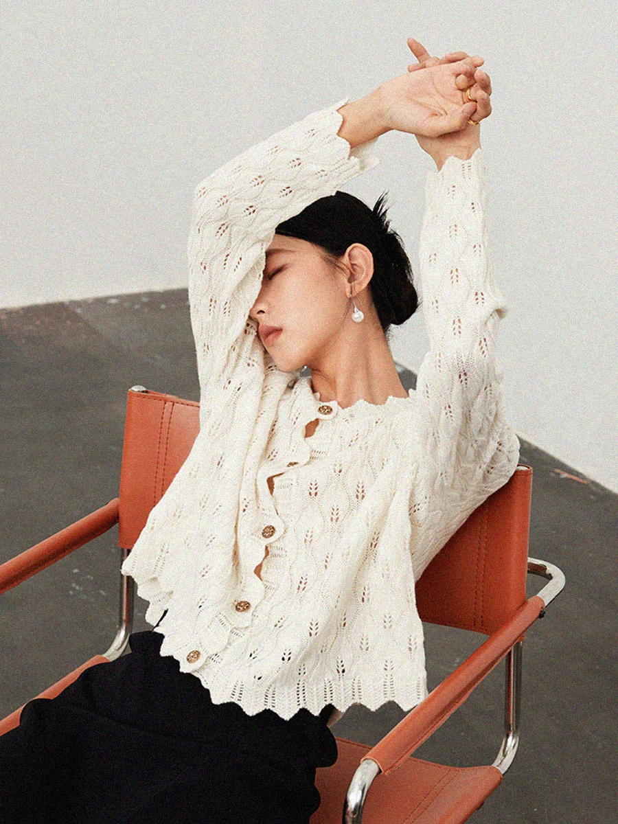 

Crochet Hollow Knitted Cardigan Top Woman Autumn Long Sleeve Single Breasted Sweater Female Vintage Elegant Chic Gilet 2022