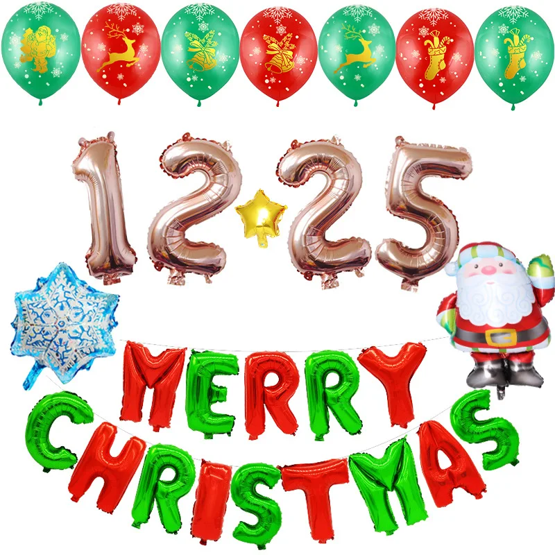 

Merry Christmas Aluminum Film Printed Balloons Set Santa Snowflake Balloons with Banners for Christmas Party Room Decoration