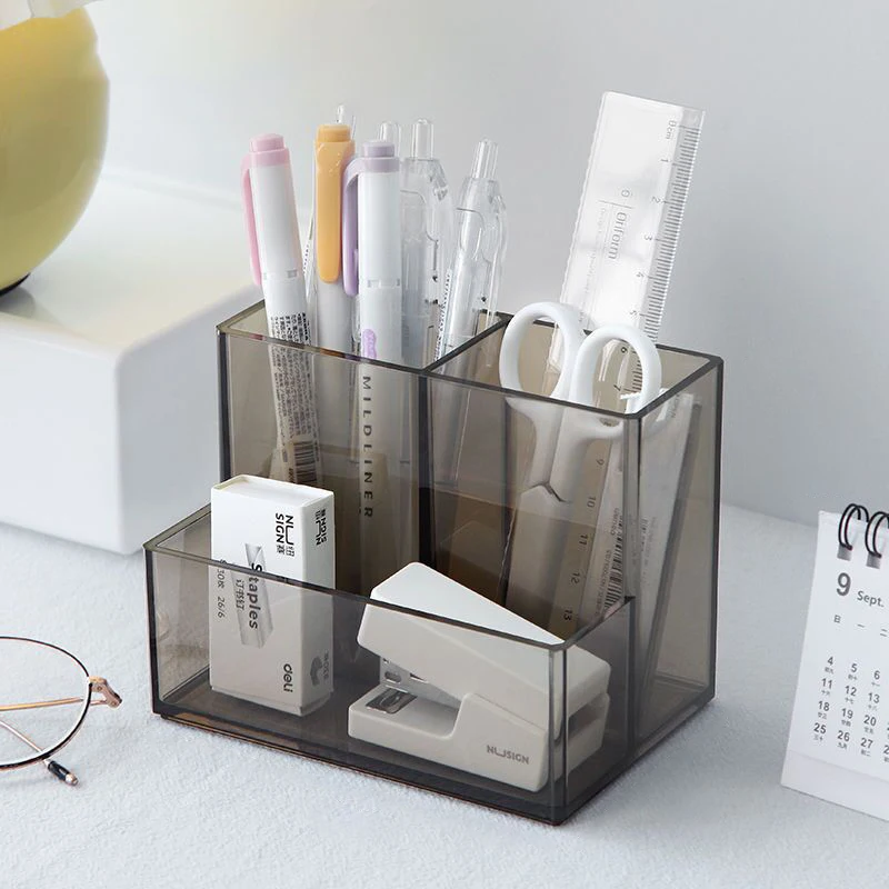 

New Clear Pencil Holder For Desk 3 Compartments Acrylic Pen Holder Organizer Box