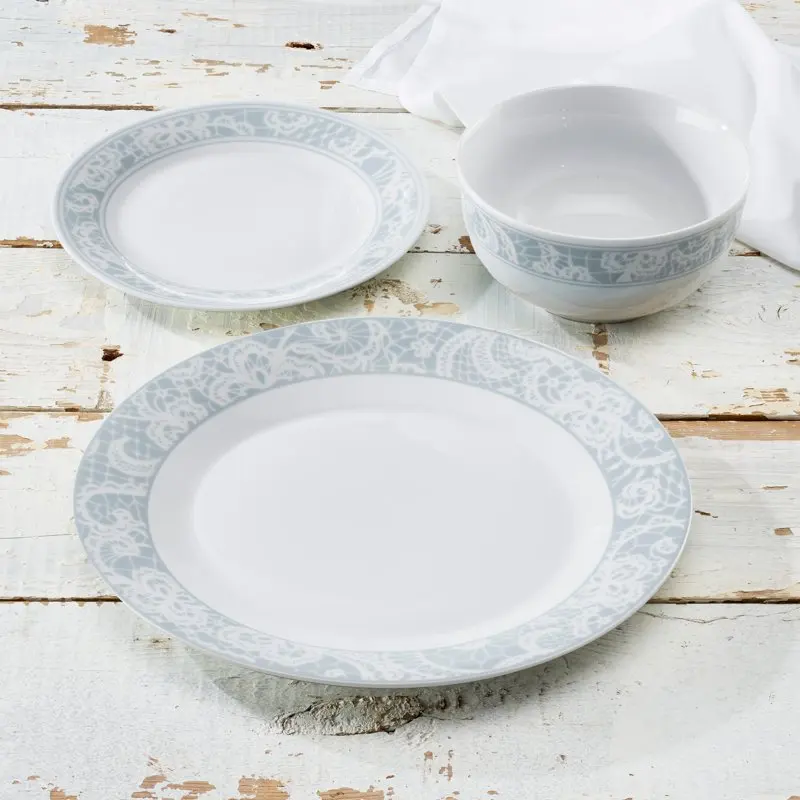 

Pretty Lace 12-Piece Round Porcelain Dinnerware Set, Light Blue