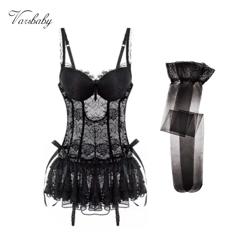 

Varsbaby 2Pcs Sexy Waist Corsets Black Charm Corset Female Body Lace Skirt Dress + Stocking
