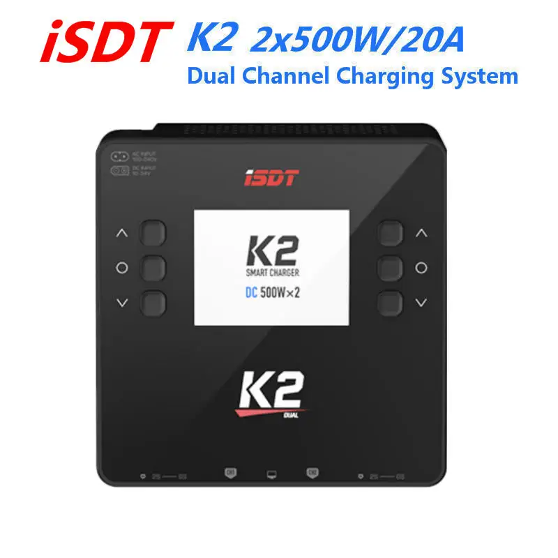 

ISDT K2 AC 200W DC 500Wx2 20A Dual Channel Balance Lipo Charger Discharger With Two 8in1 Charging Cable for Lipo NiMh Pb Battery
