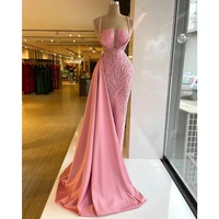 elegant pink evening dresses beads sequins square neck pleated birthday party prom gowns sleeveless wedding dresses