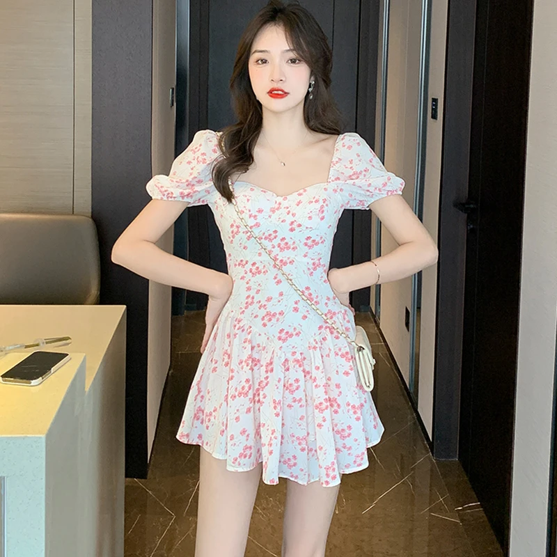 

2023 Pink Floral Puff Sleeve Slash Neck Sexy Club Mini Dress Women Summer Korean Elegant Fashion Casual Boho Beach Party Dresses