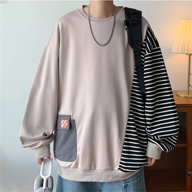 

New Autumn Men Stripe Printed Sweatshirt Tide Patchwork Tops Loose Pullover Sweatshirts Big Size