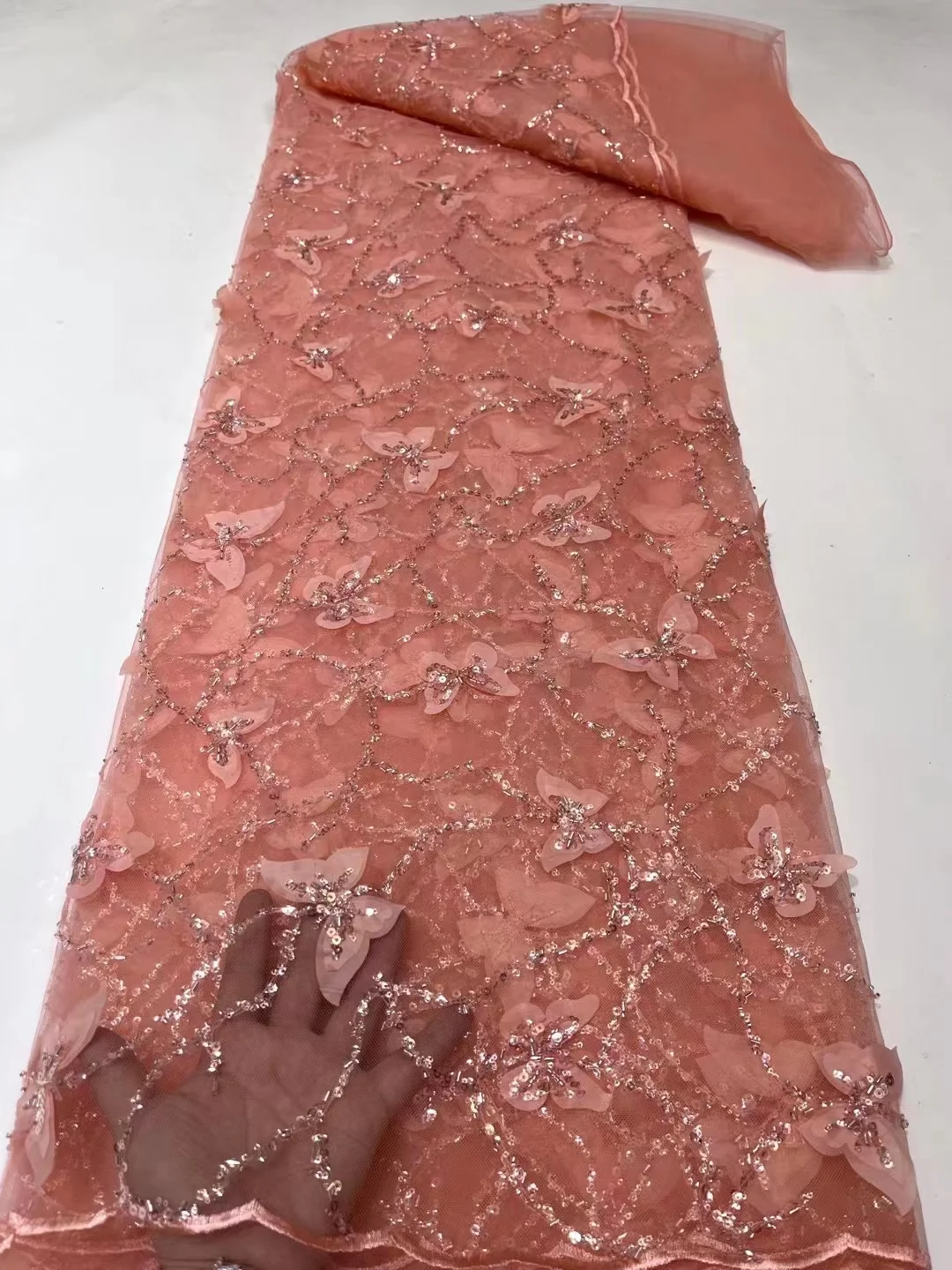 

African Beads Lace Fabric High Quality Mesh Embroidery Applique 3D Flower Tulle Nigerian Lace Fabrics For Brida Material PL069-3