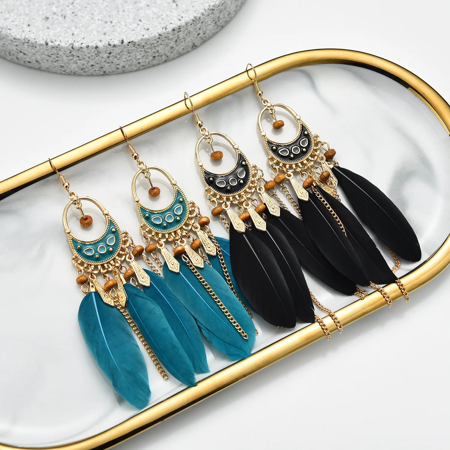

New 2022 Crescent-style Bohemian Wood Bead Feather Earrings