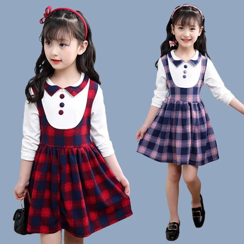

Kids Spring Autumn Dress 2023 New Girls Preppy Style Dresses Children Long Sleeve Splicing Plaid Clothes For Girls 6 8 12 Years