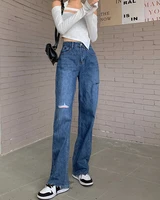 ripped straight jeans for women chic high waist loose denim pants lady streetwear casual straight long jeans trousers