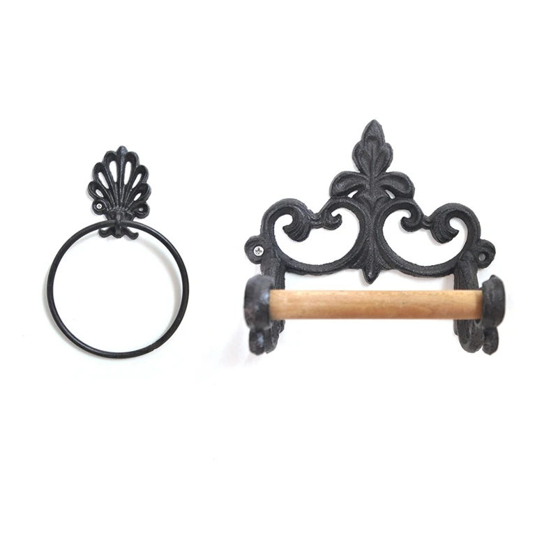 

Black Toilet Roll Holder Towel Holder Set,Bathroom Cast Iron Towel Ring Toilet Roll Holder Wall Mounted, Vintage Design