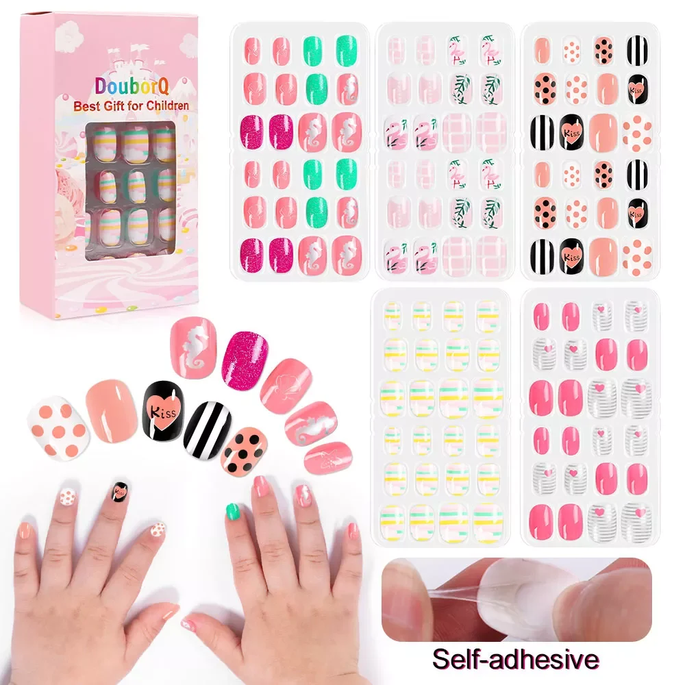 

Child Nails Kids False Nails Girls Cartoon Press on Fake Nails Colorful Full Cover Nails Cute Short Nail Tips Kits