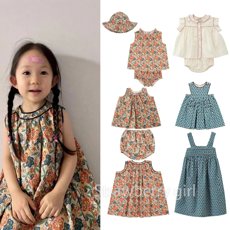 Girls Casual Dresses Cbc 2023 Summer New Children Sleeveless Dress Linen Embroidery Short-sleeve Baby Suit Kids Clothes