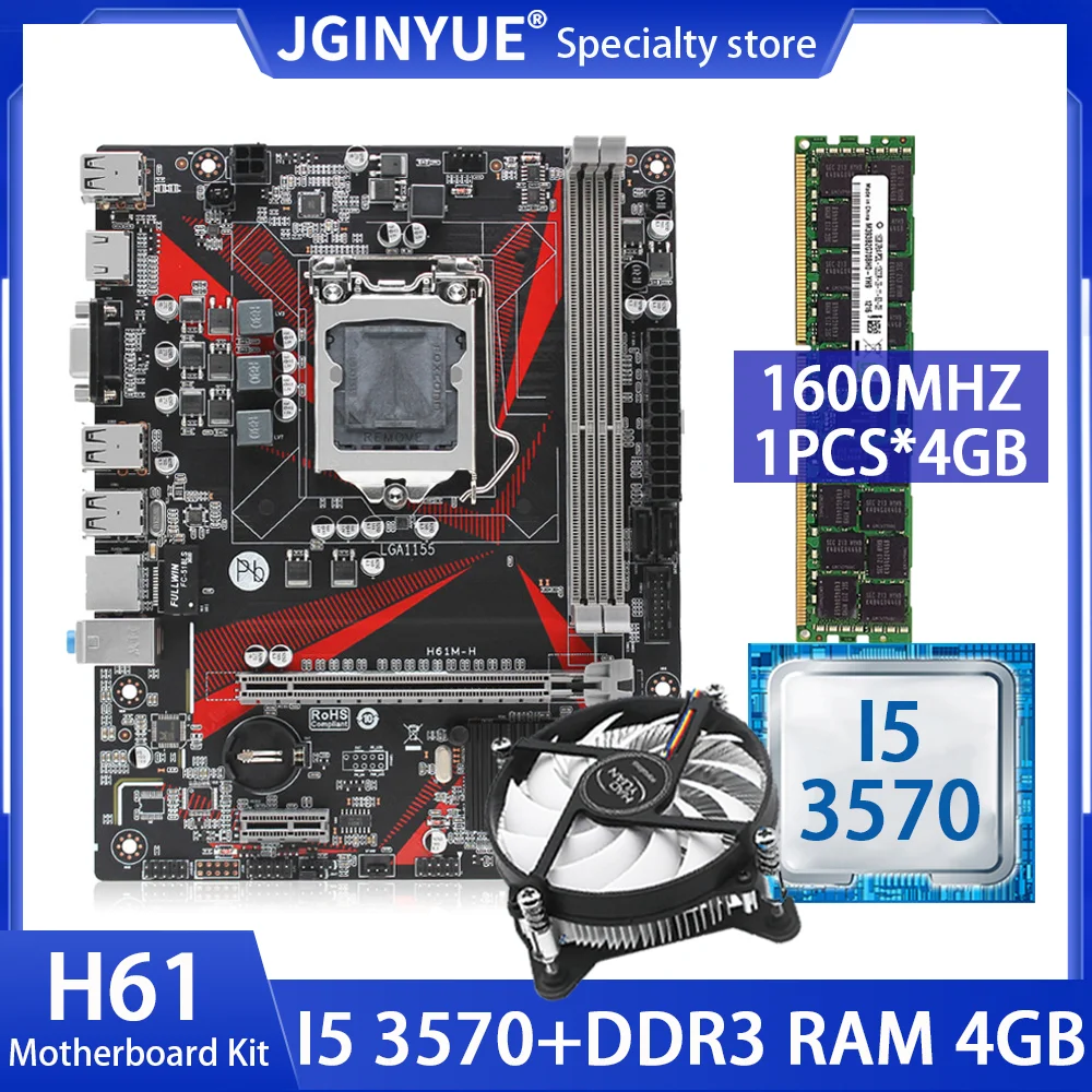 

JGINYUE H61 комплект материнской платы LGA 1155 с процессором Intel I5 3570 DDR3 1 шт. * 4 Гб 1600 МГц ОЗУ память материнская плата VGA H61M H
