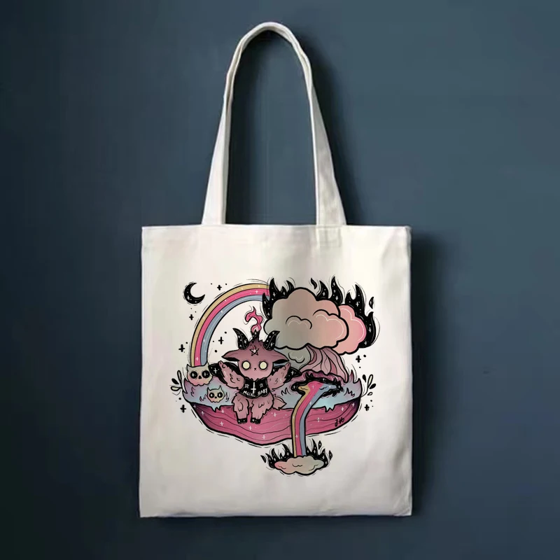 

Reusable Shopping Bag Women Canvas Tote Bags Satan Devil Cats Printing Bag Cartoon Bolsa De Compras Shopper Shoulder Bags Women