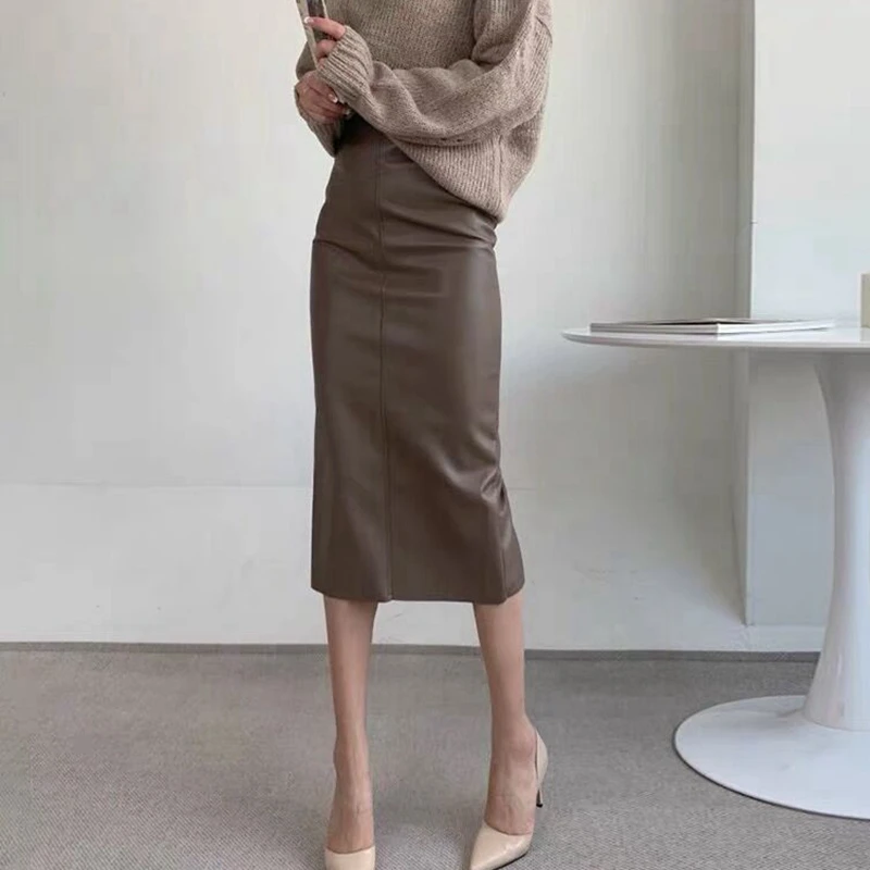Real Leather Sheepskin Bag Hip Skirt Medium Genuine Length Knee Skirt High Waist Thin Women Skirt Elegantes Za Fashion Spanking