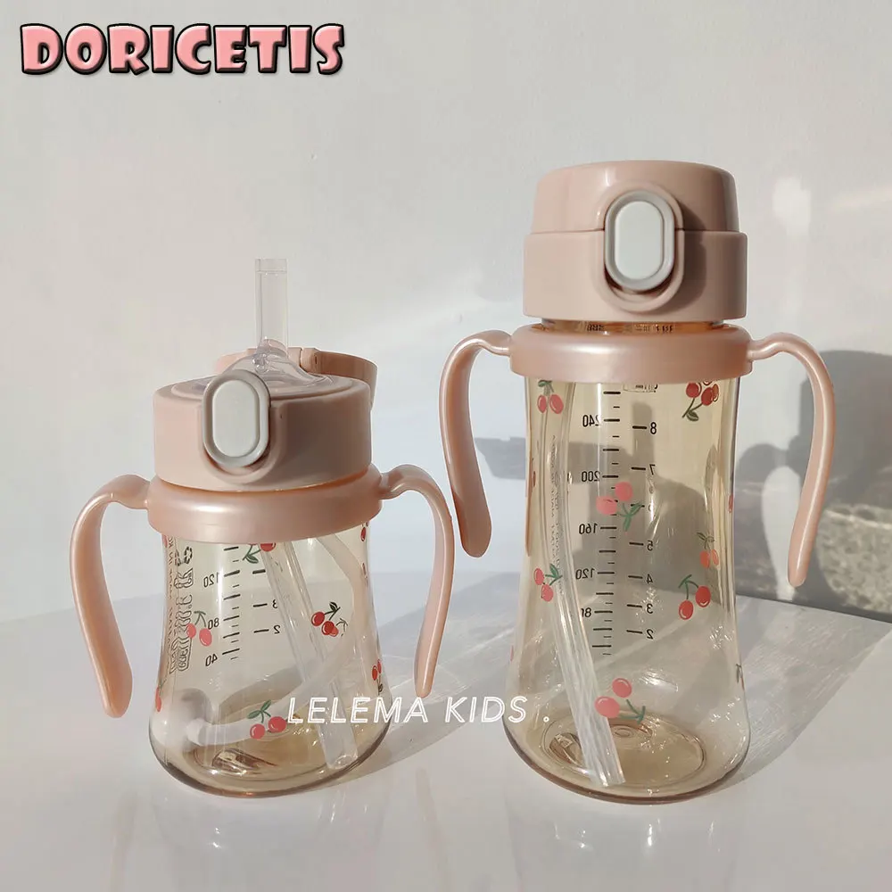 

Newborn Baby Milk Bottle Cute Cherry Pattern Straw Cup Feeding Water Cups Anti-Choke Water Bottle With Handle Kids Kettle New