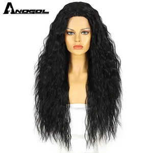 ANOGOL Synthetic Wigs 28IN TPart Lace Natural Black Water Wave Middle Part Hair PrePlucked Black Kink Curly Wig For Women Party