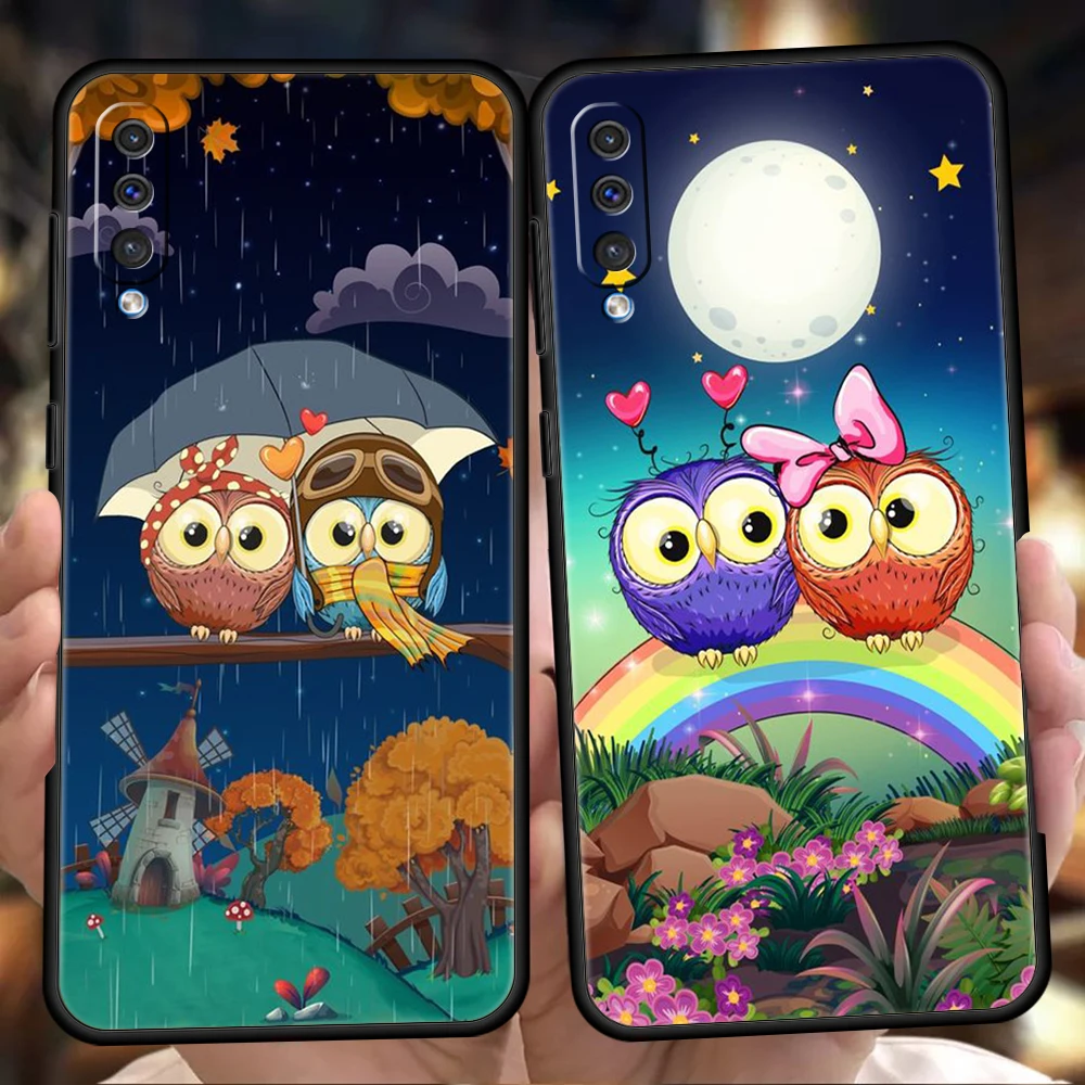 

Cute Cartoon Owl Phone Case For Samsung Galaxy A53 A73 A33 A23 A13 A12 A22 A02 A50 A70 A20 A10 A20S 5G Black Silicone Cover Bag