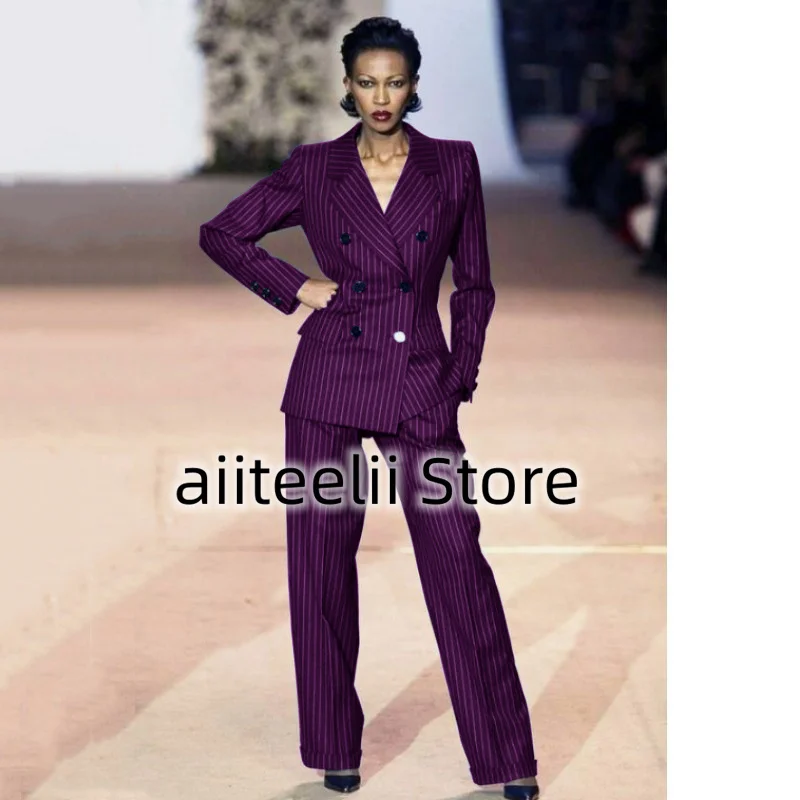 Women's Suit 2-piece Suit Fashionable Striped Double-breasted Slim Fit Handsome Lapel Collar Heroic Suitable for Business Ladies
