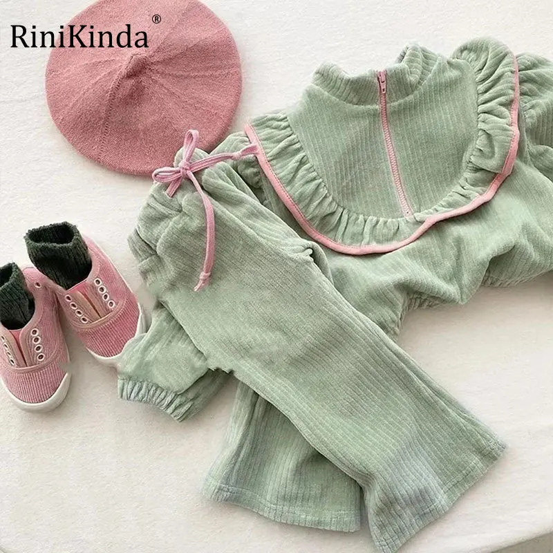 

RiniKinda 2023 Spring New Girl Baby Ruffles Long Sleeves T-shirt Set Children Solid Tops + Drawstring Wide Leg Pants 2pcs Suit