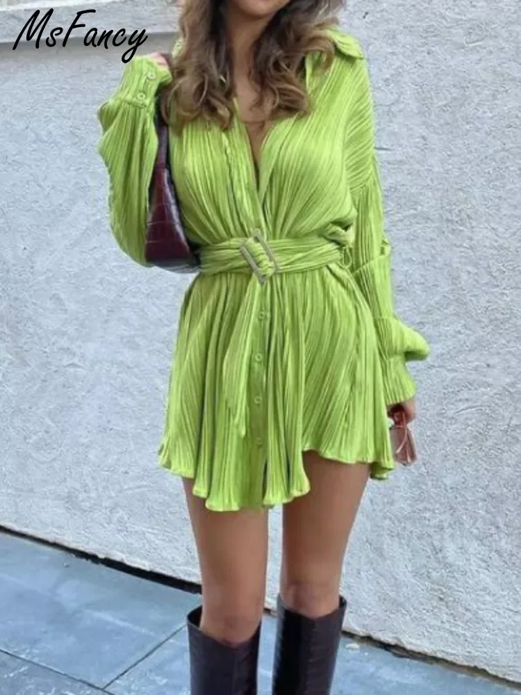 

Msfancy Shirt Dress Women 2022 Long Sleeve Single Breasted Bandage Midi Vestidos Mujer Spring Casual Robe
