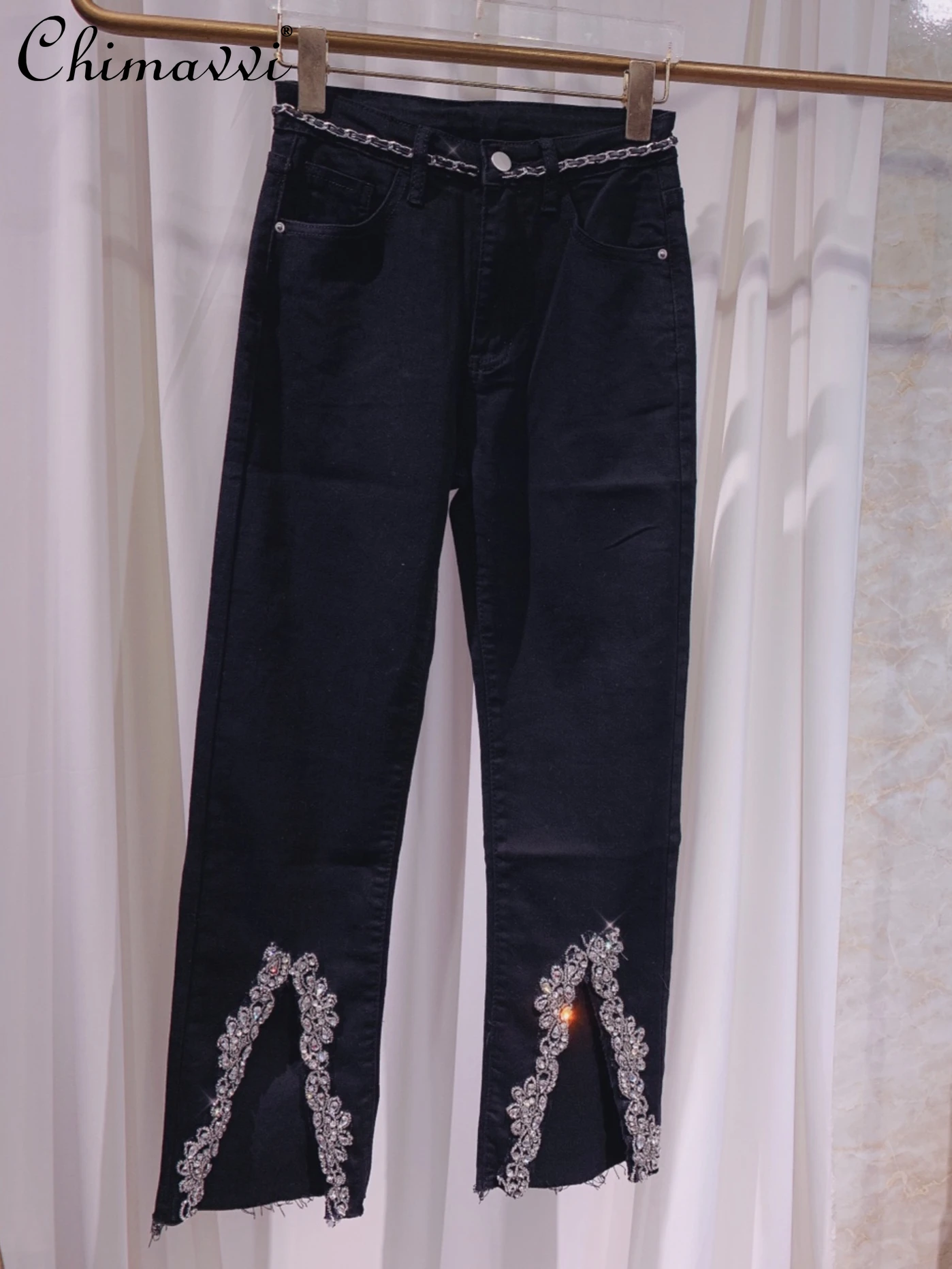 

Elastic High-Grade High Waist Slimming Jeans Women's 2022 Autumn New Fashion Elegant Exquisite Rhinestone Cropped Denim Pants