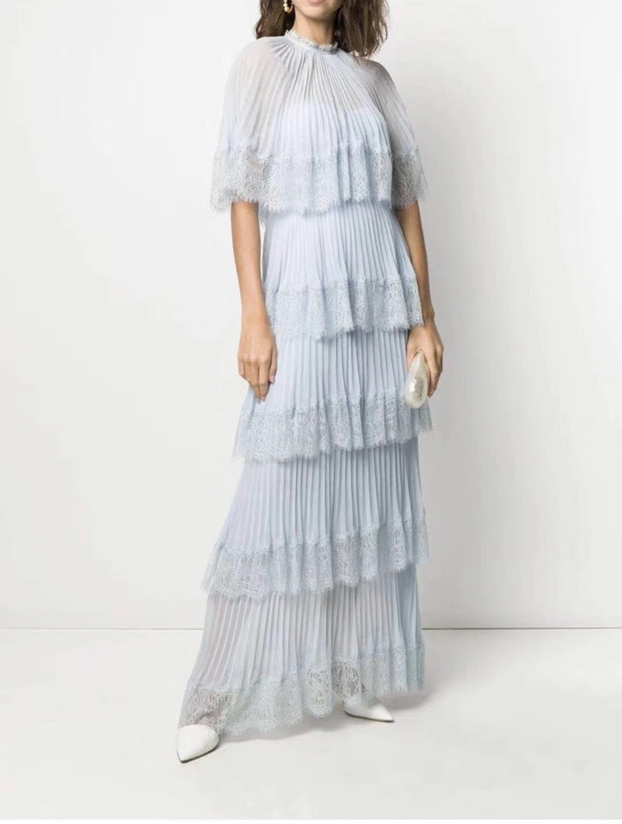 

Elegant fasihon Mid-calf Sky Blue Dresses 2022 Lace Patchwork Top Quality Cascading Ruffles Cloak Sleeve Women Clothes