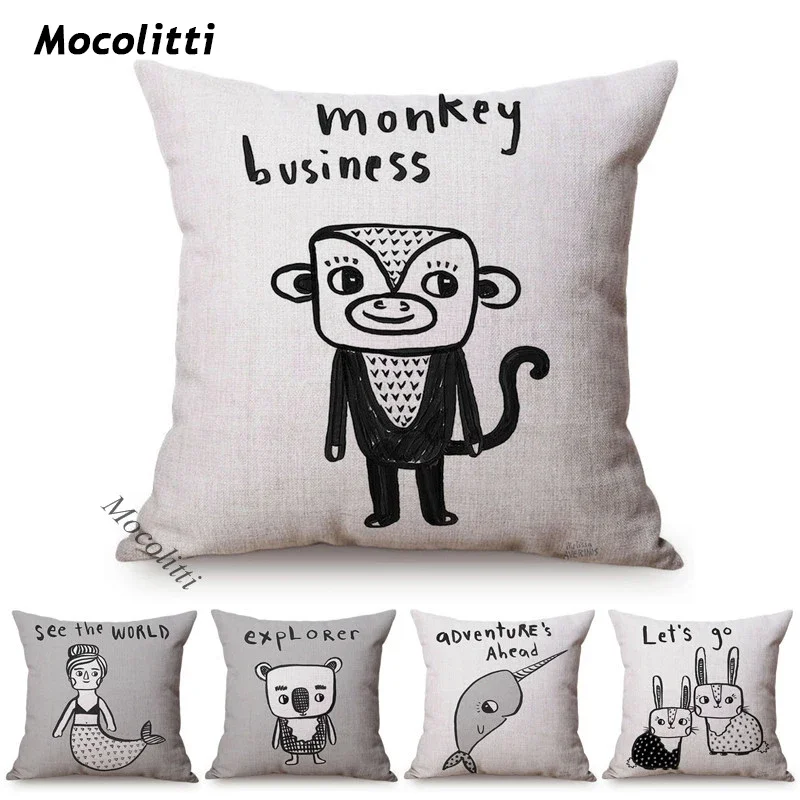 

Декоративный чехол для подушки в скандинавском стиле с ручной росписью, с рисунком обезьяны, кролика, русалки, милый детский диван для комнаты, декоративные подушки