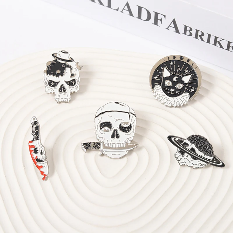 Модный Хэллоуин кошка космический корабль скелет металлические эмалированные