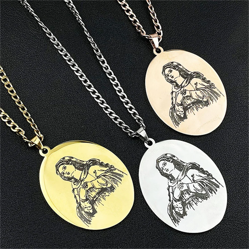 

Hot Simple Vintage Stainless Steel Virgin Mary Round Coin Necklace for Women Men 3mm Cuban Chain Amulet Necklace Christmas gift