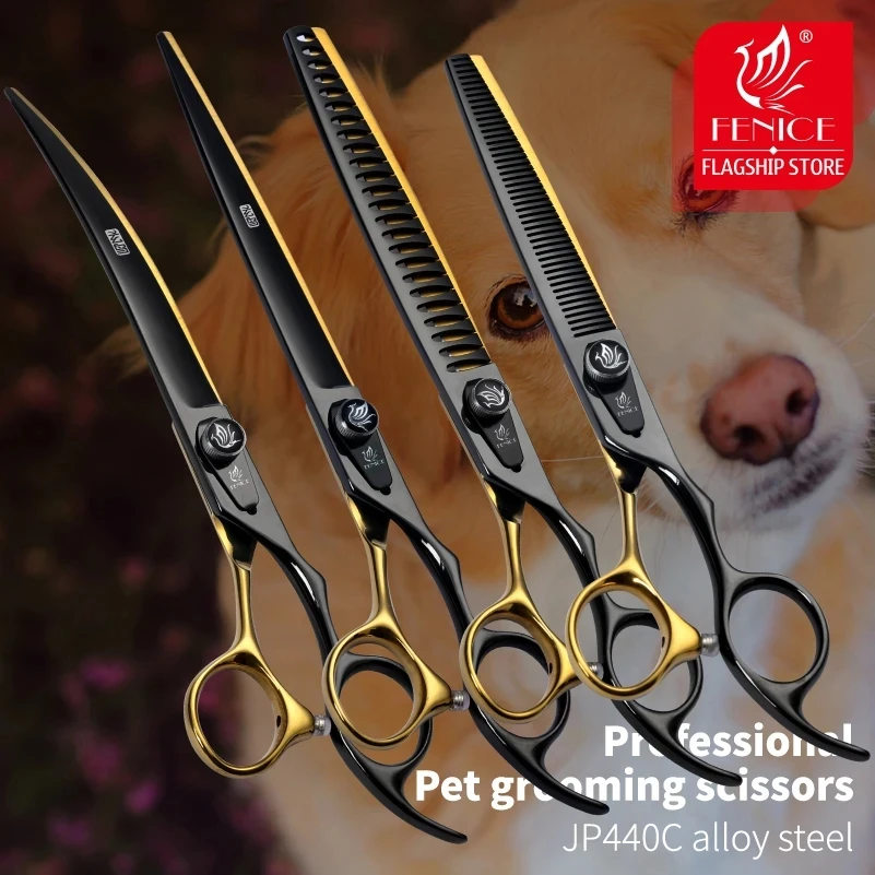 Fenice-tijeras profesionales de 7,0/8 pulgadas para cortar el pelo de mascotas, accesorio de aseo para mascotas, color negro y dorado, JP440C