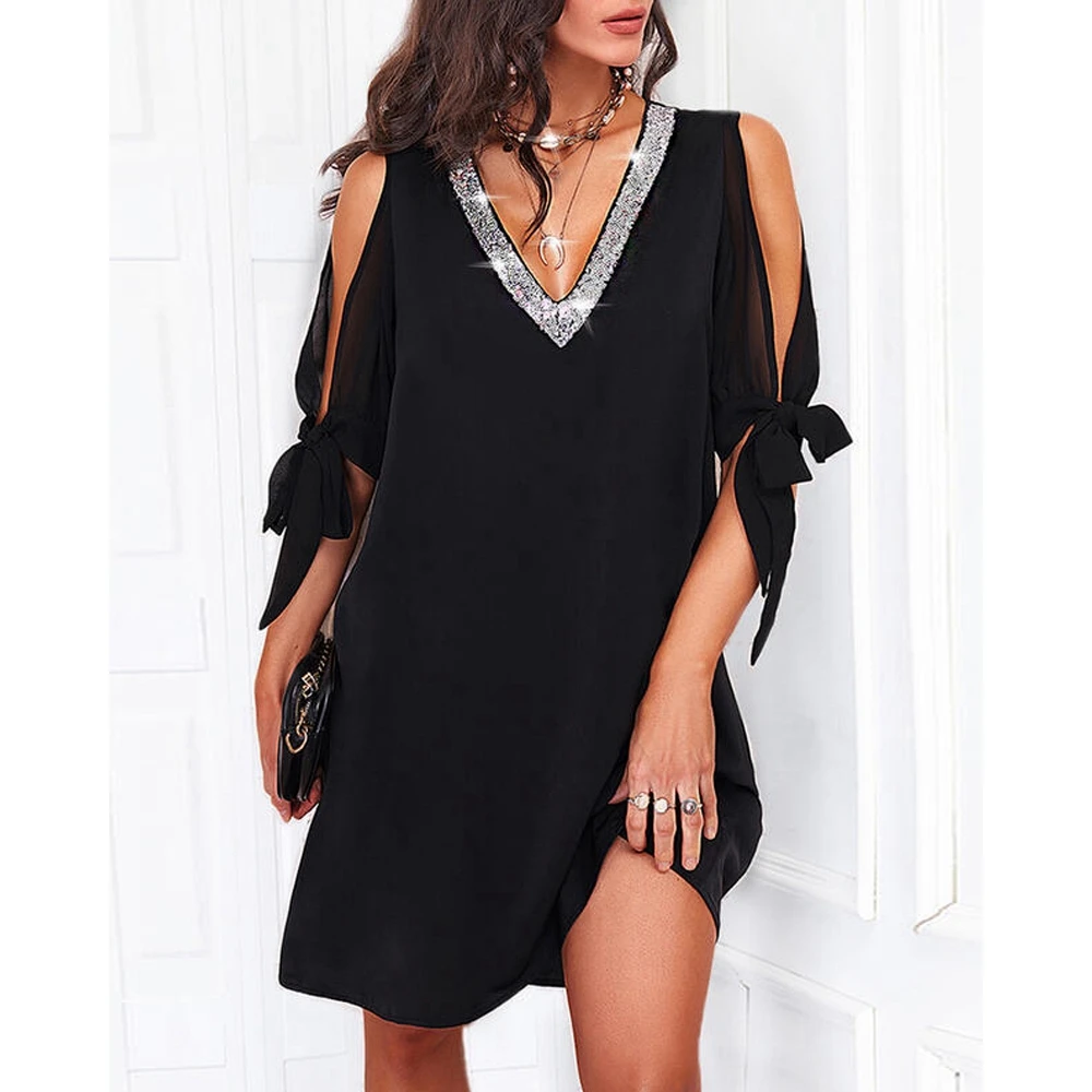 Contrast Sequin Split Sleeve Black Dress For Women V Neck Cold Shoulder Casual Mini Dress Steetwear y2k Clothing Outfits Korean