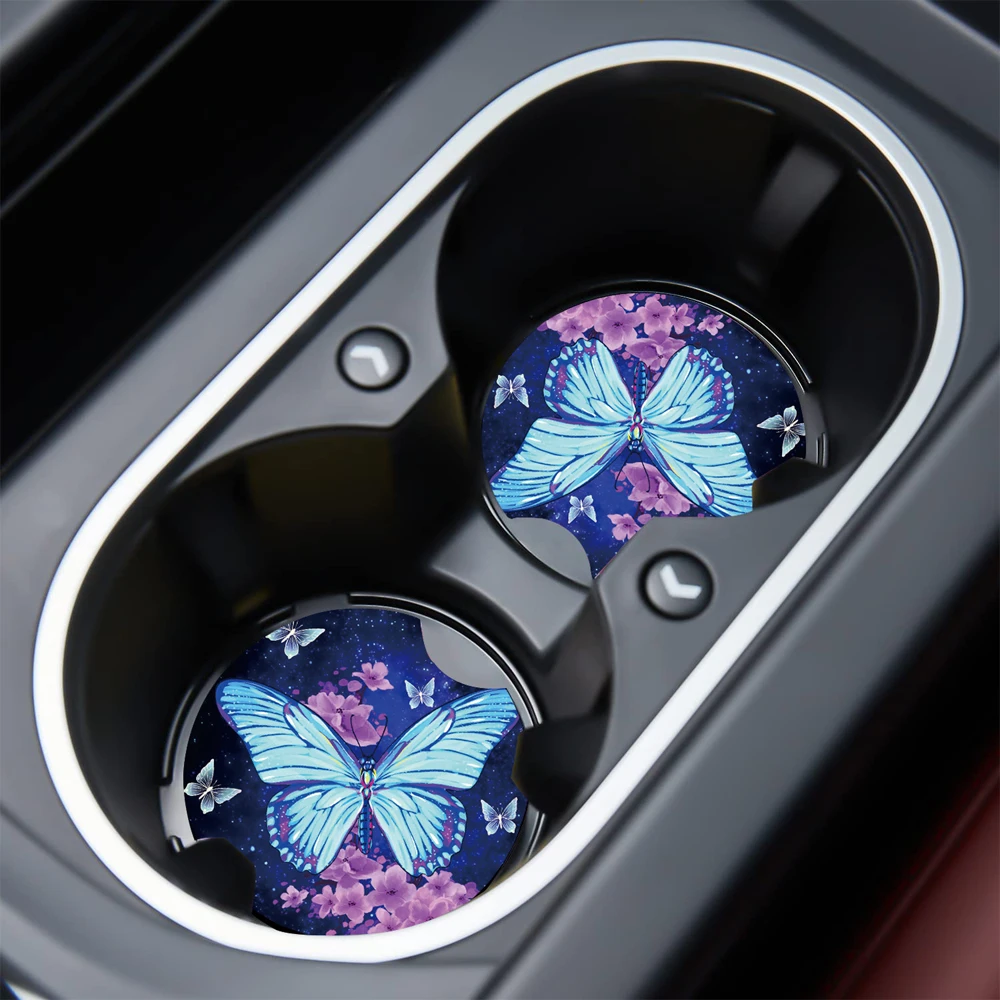 

Blue butterfly car coaster, 2-piece suction cup holder coaster, ladies' cute car accessories, with finger notch