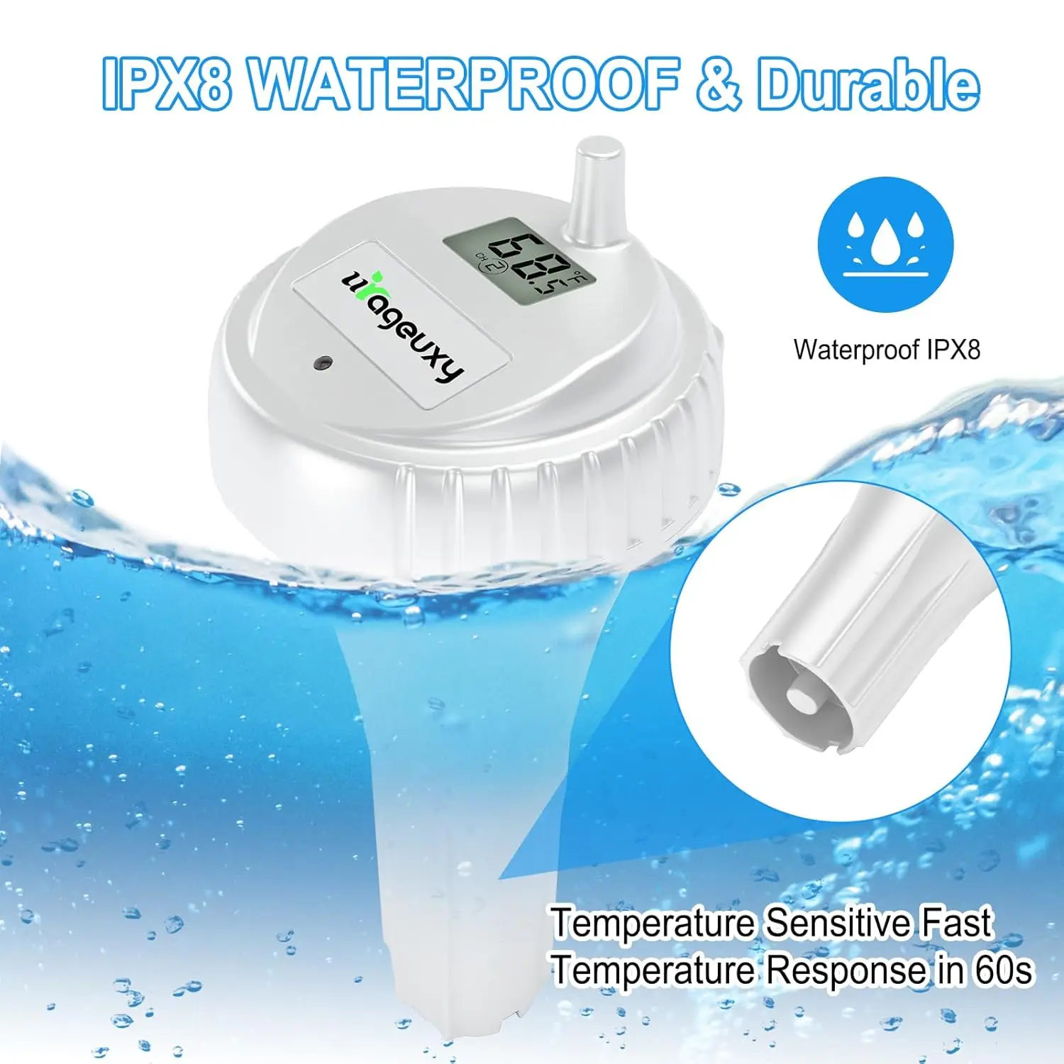 Фото MASTFUYI цифровой беспроводной термометр для воды 8 датчиков ЖК-дисплей IPX8 водонепроницаемый монитор для бассейна и спа для гидромассажной ванны, бассейна №3
