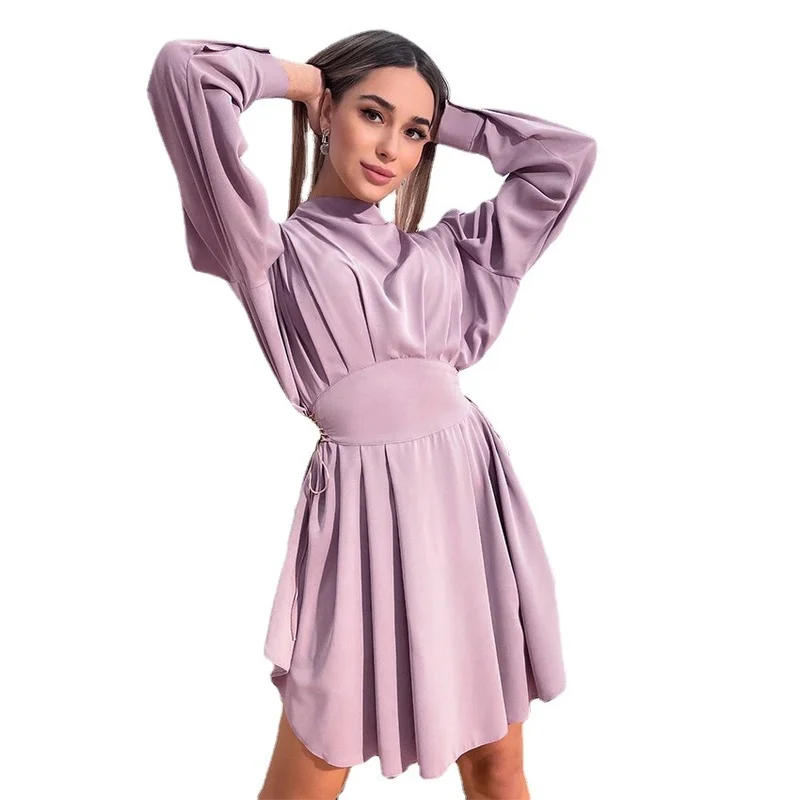 

Purple Dresses Women Clothes Spring Autumn Long Sleeve Turtleneck Mini Dress Fashion Casual Lace Up A-Line Dresses Vestido Mujer