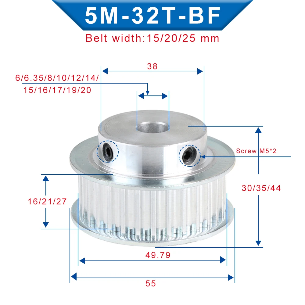 

Ременный шкив 5 м 32 т, диаметр 6/6,35/8/10/12/12,7/14/15/16/17/19/20 мм, колесо из сплава для резинового ремня 5 м, ширина 15/20/25 мм