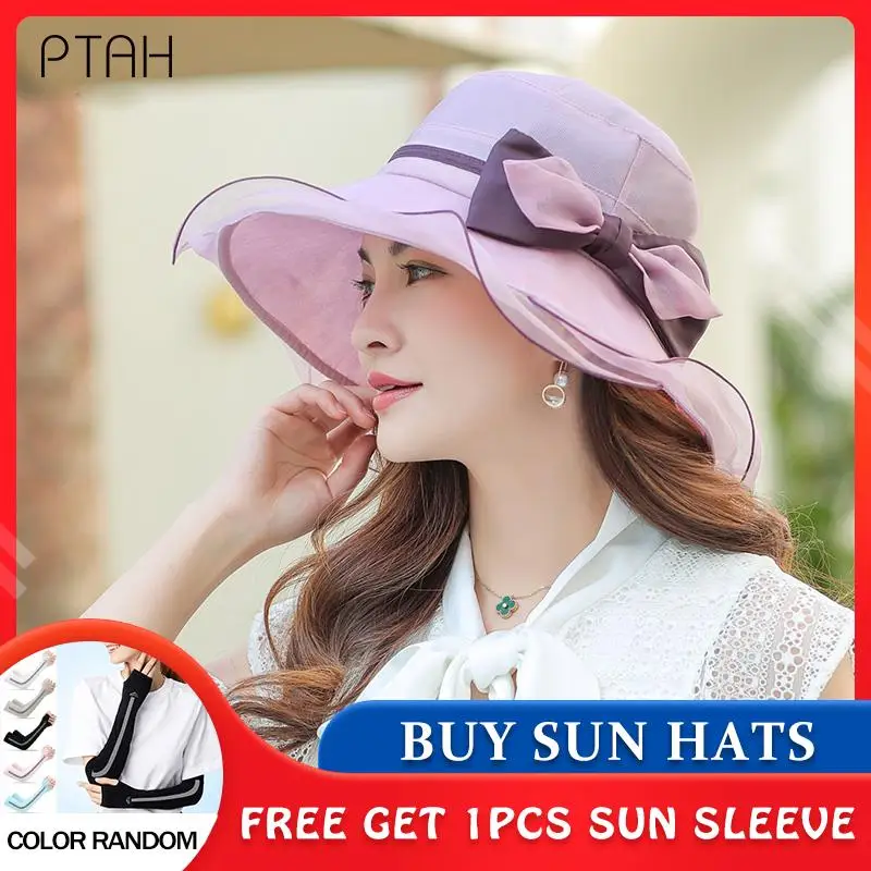 

[PTAH] Summer Hat for Women 100% Mulberry Silk Sun Hats Breathable Lightweigh Cap Sun Protection Breath Casual Large brim Caps